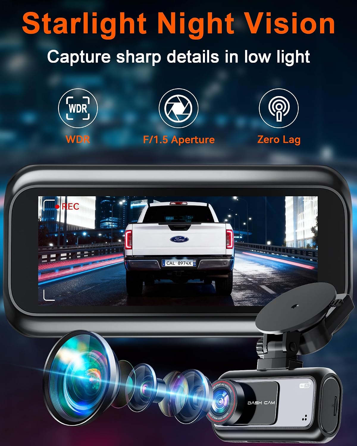 15-min easy to install dash cam: dual camera showing dimensions