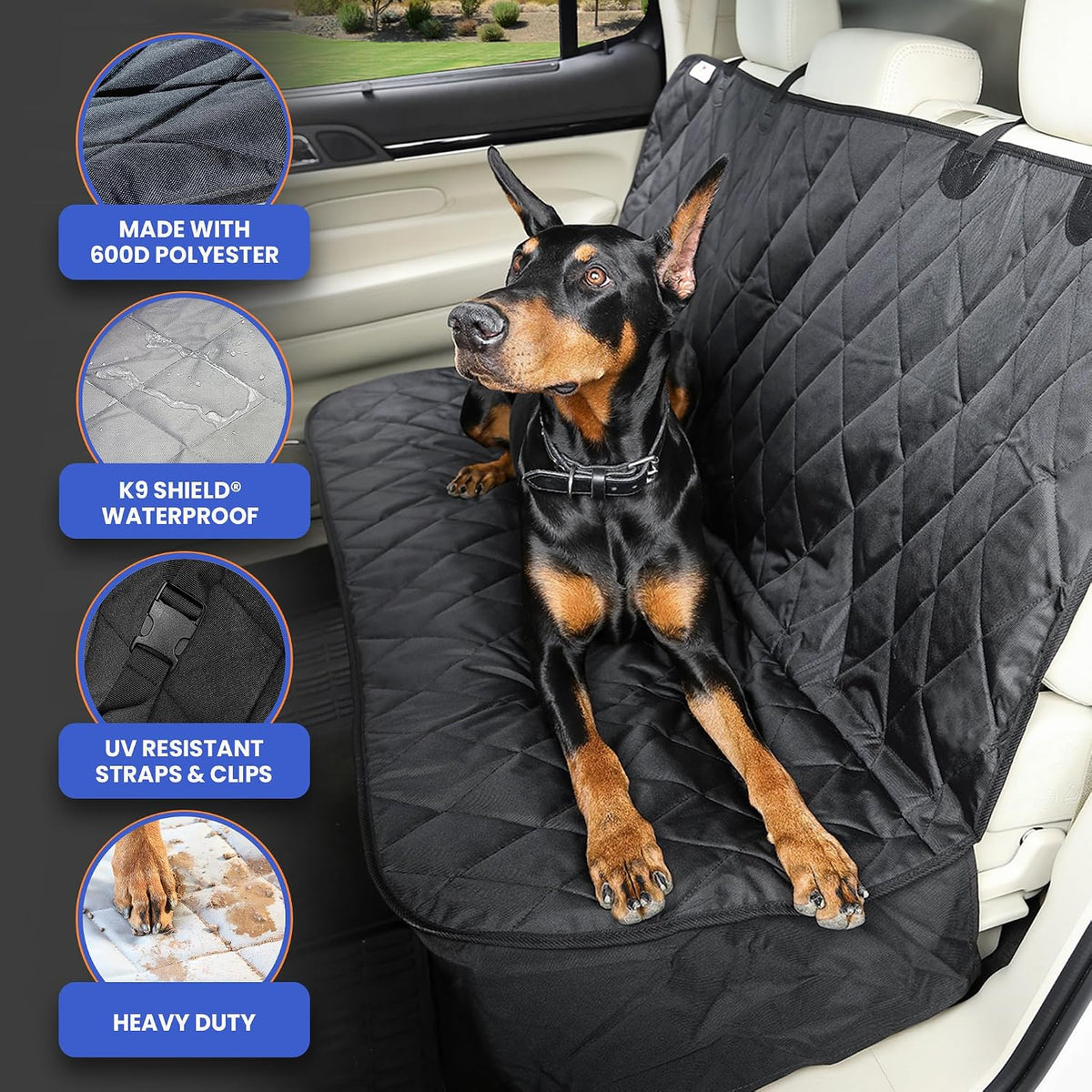 4knines heavy-duty rear seat cover for dogs showing dimensions