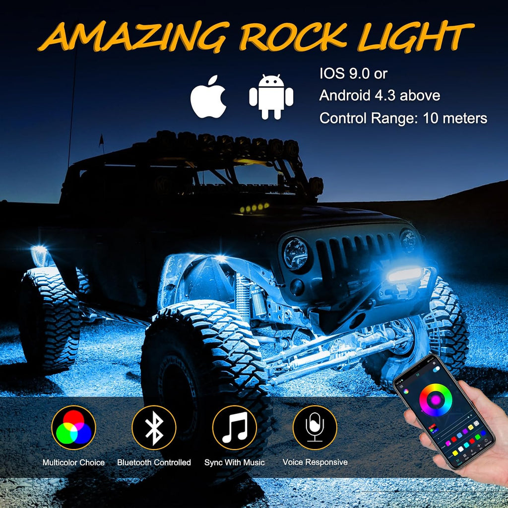 RGB Rock Light Kits, Niwaker 4 Pods LED Rock Lights with Bluetooth Control Multicolor Neon LED Lights RGB Underglow Lights for Truck UTV ATV SUV Off Road Side by Side Polaris Can-am Kawasaki Boat