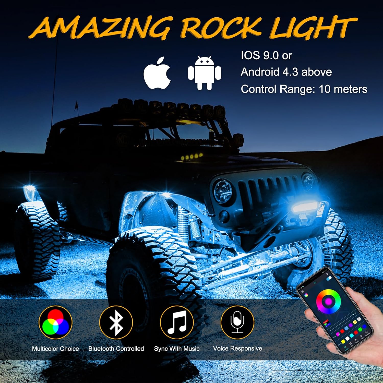 RGB Rock Light Kits, Niwaker 4 Pods LED Rock Lights with Bluetooth Control Multicolor Neon LED Lights RGB Underglow Lights for Truck UTV ATV SUV Off Road Side by Side Polaris Can-am Kawasaki Boat