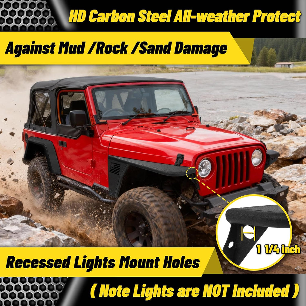 MONOKING 2PCS Front Flat Fender Flares for 1997-2006 Wrangler TJ, 2004-2006 Wrangler LJ 2/4 Door High Clearance Off-Road Heavy Duty Wheel Cover Paintable Carbon Steel No-Drill Bolt-On
