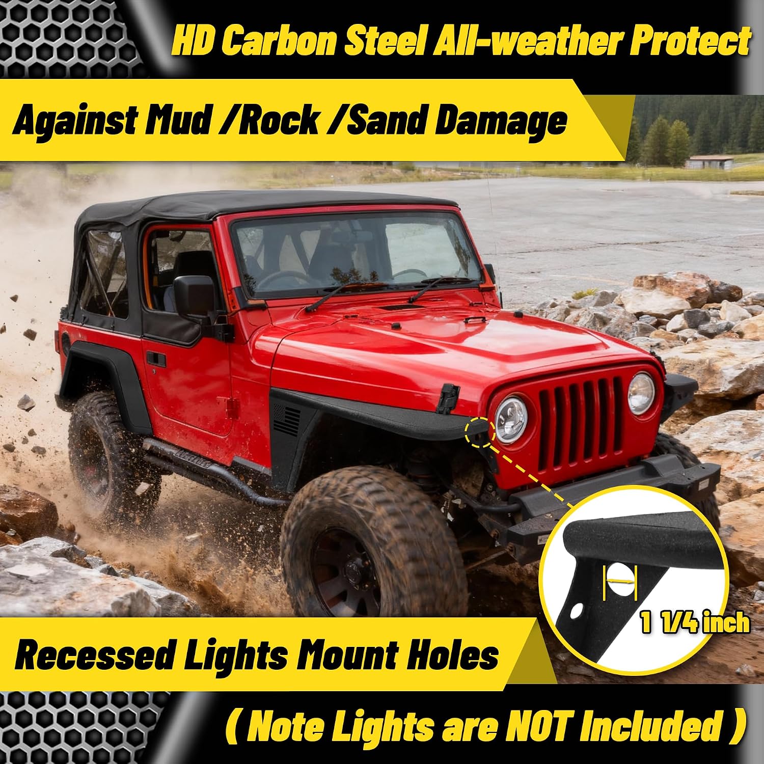 MONOKING 2PCS Front Flat Fender Flares for 1997-2006 Wrangler TJ, 2004-2006 Wrangler LJ 2/4 Door High Clearance Off-Road Heavy Duty Wheel Cover Paintable Carbon Steel No-Drill Bolt-On