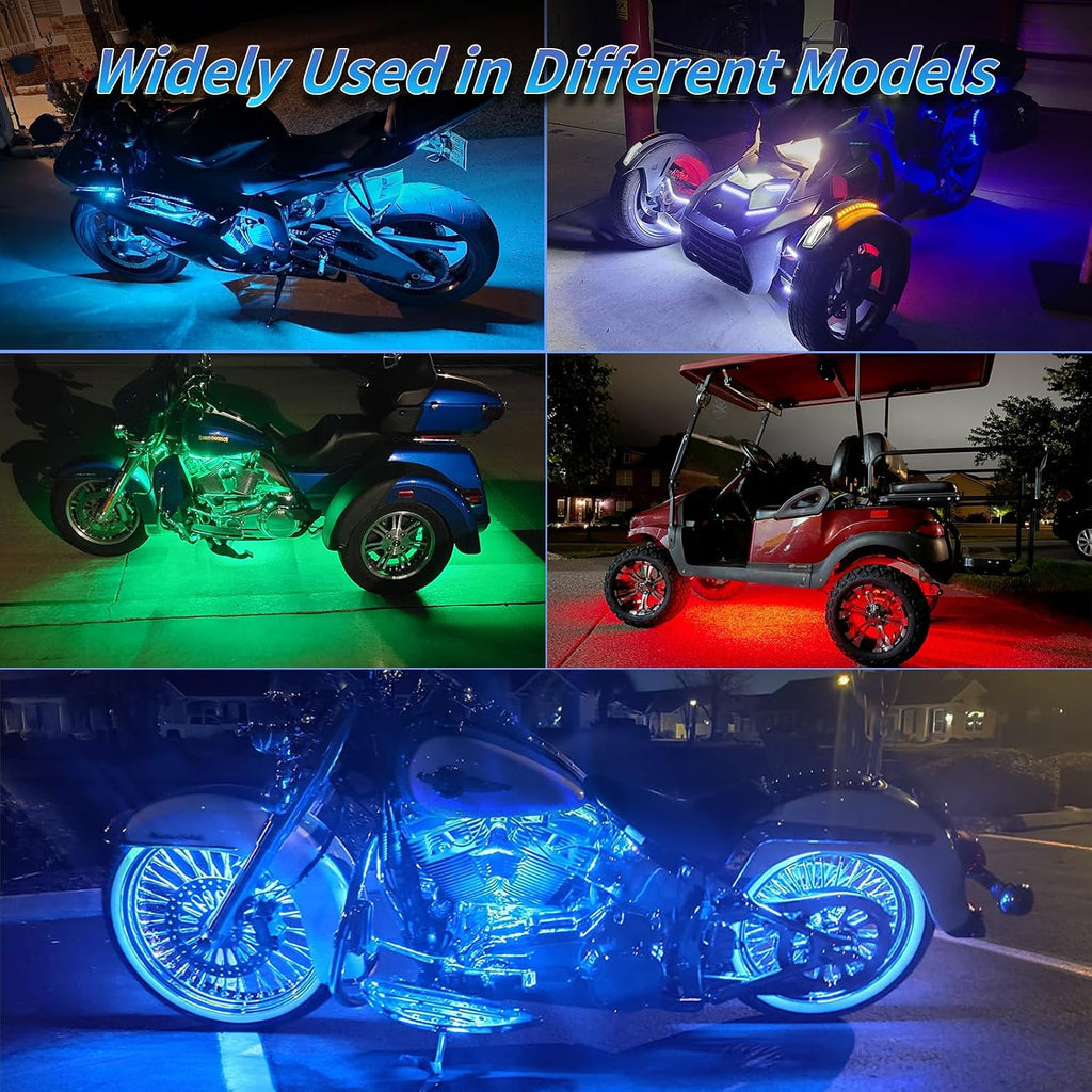 8PCS Motorcycle RGB LED Light Kits with Brake Turn Signal, Underglow Lights with APP/Dual Remote, Multicolor 12v Waterproof Underbody Neon Strips Lights for Harley Honda Kawasaki Yamaha Suzuki