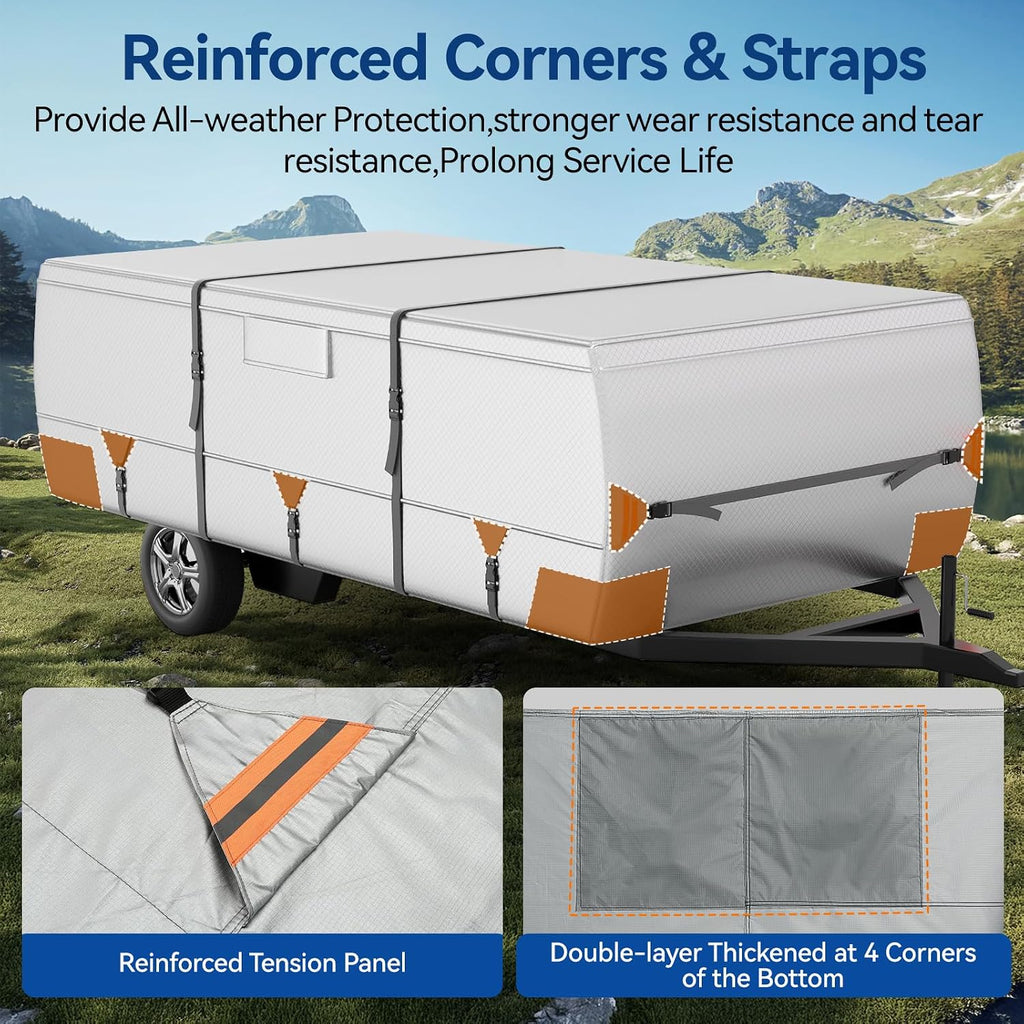 Oxford Fabric Pop Up Folding Camper Cover 14'-16' Super Waterproof Tear-Resistant Anti-UV Tent Trailer Cover for Winter Snow with Reinforced Corners, 5+2 Windproof Straps, Storage Bag