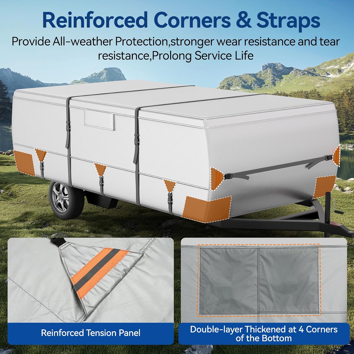 Oxford Fabric Pop Up Folding Camper Cover 14'-16' Super Waterproof Tear-Resistant Anti-UV Tent Trailer Cover for Winter Snow with Reinforced Corners, 5+2 Windproof Straps, Storage Bag
