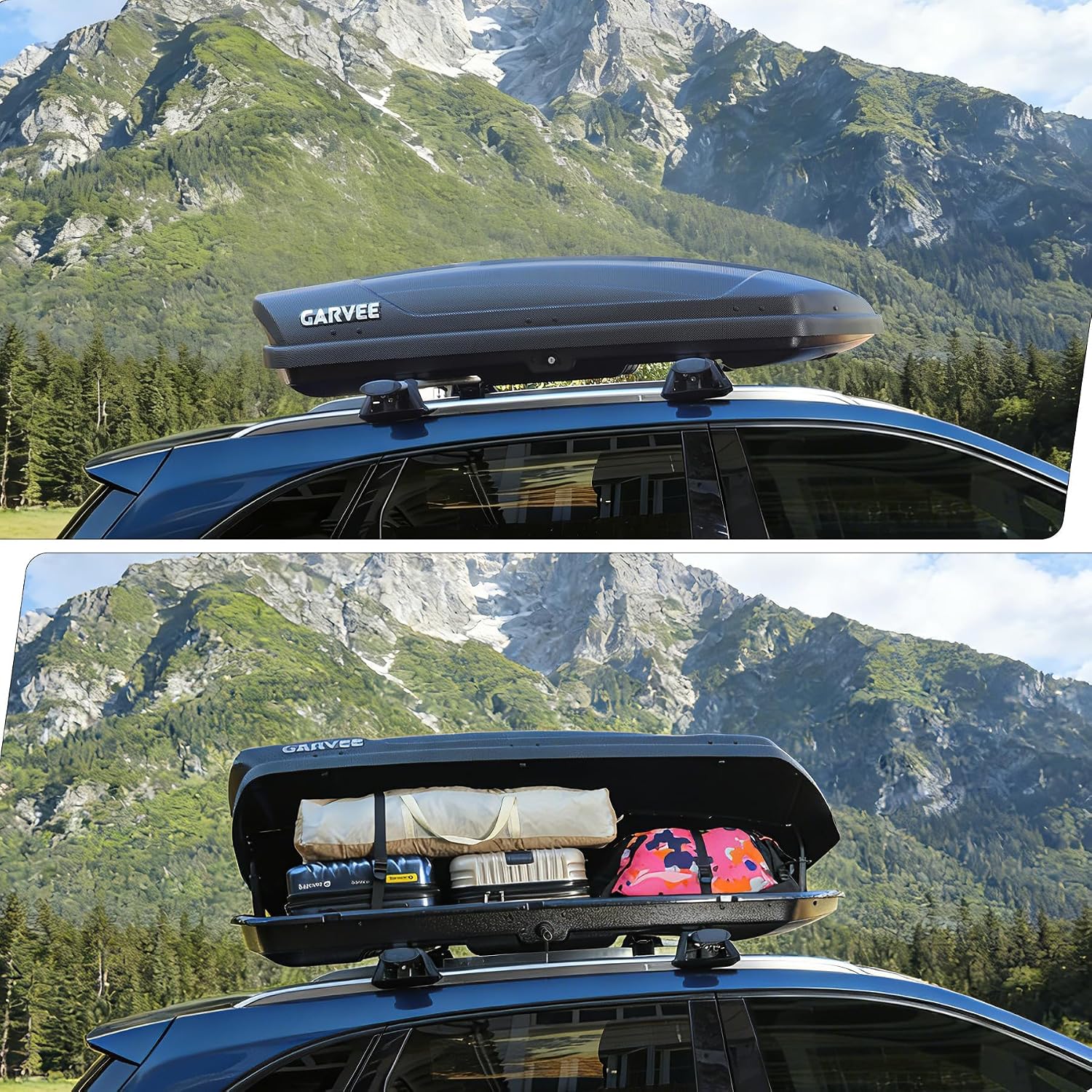 Garvee Rooftop Cargo Box Carrier,Dual-Side Opening Vehicle Hard-Shell Carriers, Roof Mount Travel Luggage Storage, 135 LBS Weight Capacity with Secure Straps&Keys,Black (13.5Cubic)