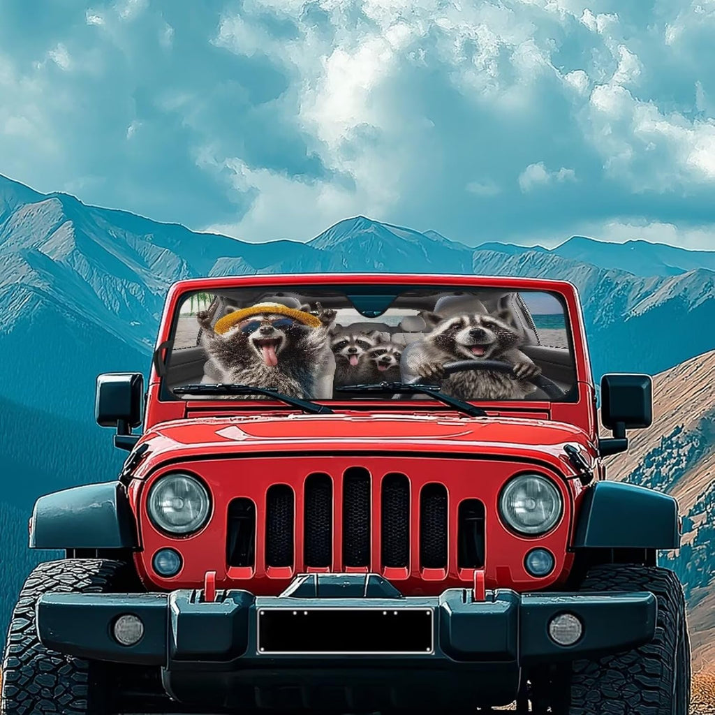 Raccoon Windshield Sun Shade for Jeep Wrangler JL JLU & Jeep Gladiator, Funny Driving Front Window Sun Visor Blocks UV Rays Sunshade