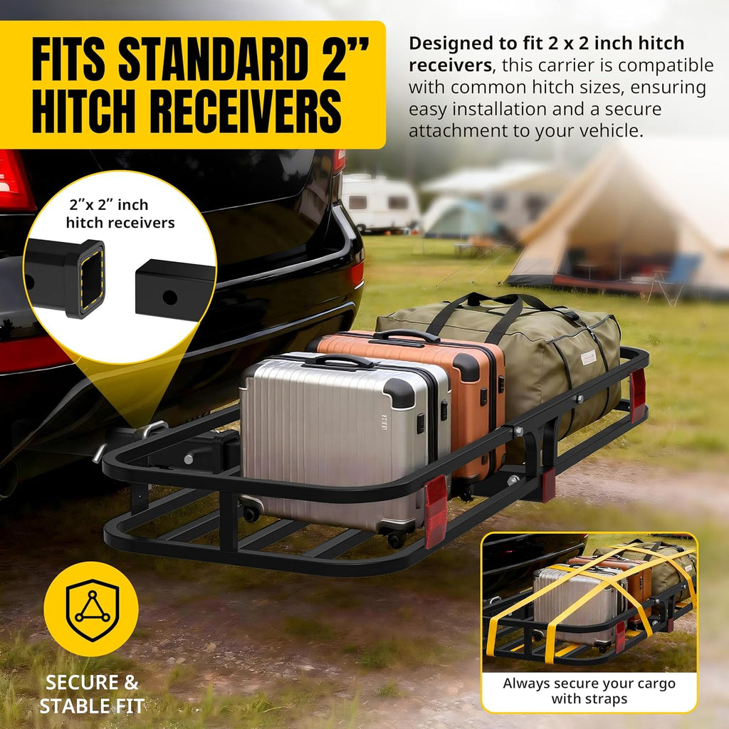MaxxHaul 70107 53" x 19-1/2" Hitch Cargo Carrier - Trailer Mount Steel With High Side Rails For RV's, Trucks, SUV's, Vans, Cars 2" Receiver 500-lb Load Capacity , Black