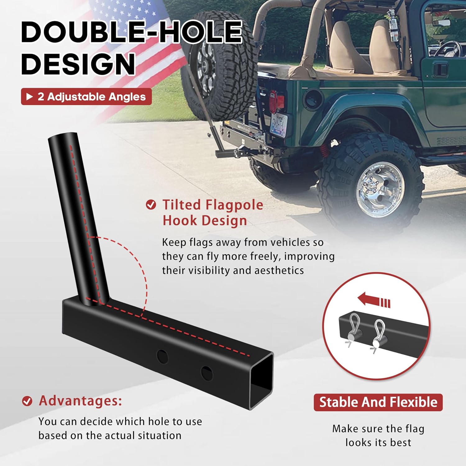 YIYITOOLS Hitch Flag Pole Holder, Heavy-Duty Truck Flag Pole Mount Kit for 2-Inch Receivers, Adjustable Car Flag Pole for Jeep, SUV, RV, Pickup, Trailer – Rust-Resistant, Stable & Easy to Install