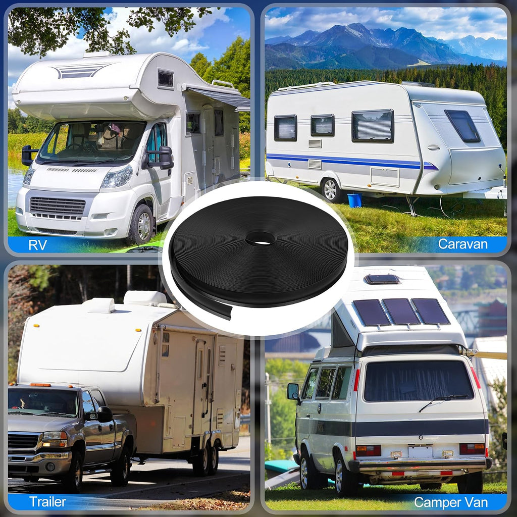 1" RV Trim Molding Insert, 100 FT Heavy Duty RV TPE Trim Molding Weather Stripping Exterior Replacement, Waterproof Screw Cover Corner for Camper Travel Trailer Boat Channel, Black