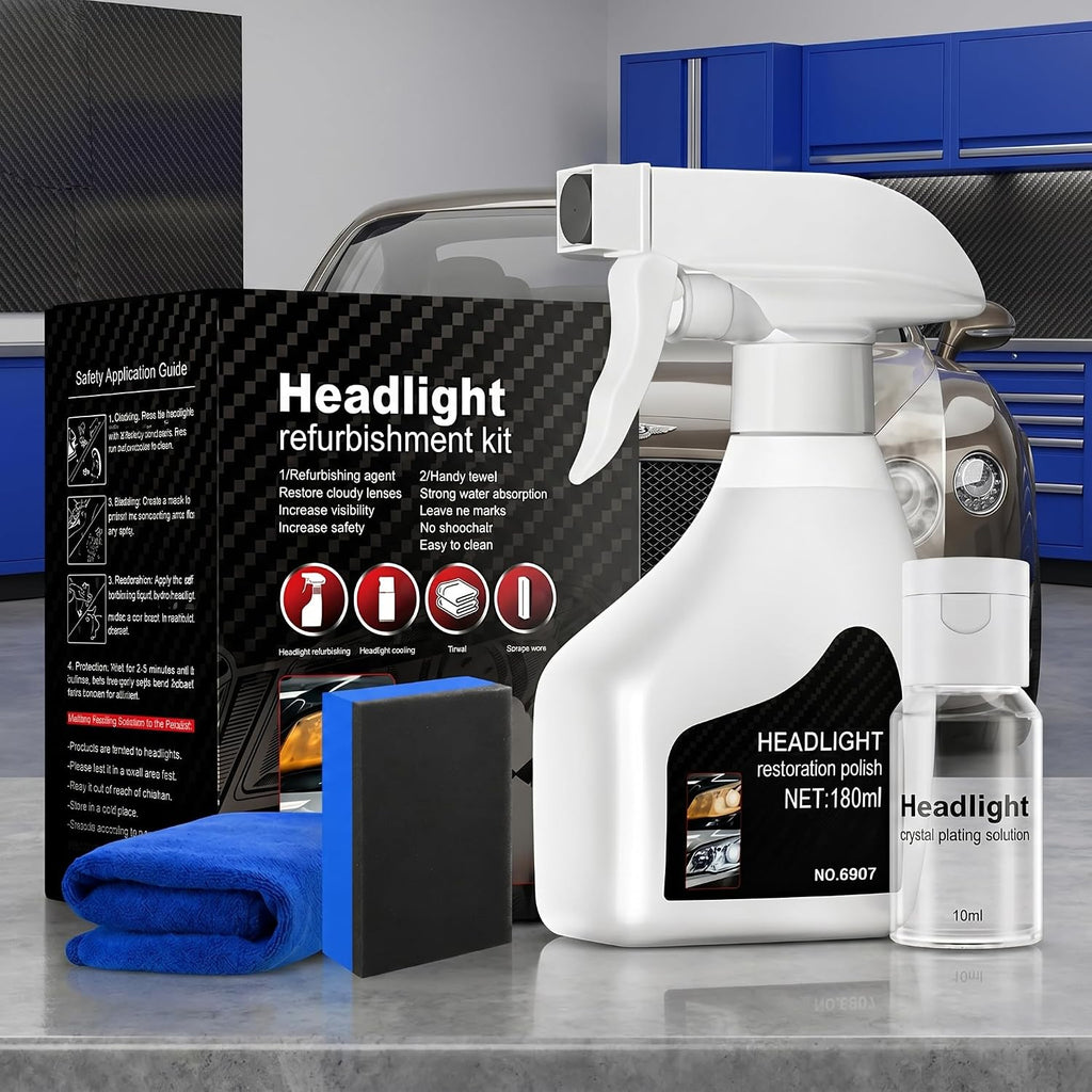 Headlight Restoration Kit for Cars, Headlight Repair Kit 180mL + 10mL, Headlight Cleaner and Restorer for Cloudy, Yellowed and Oxidized Lenses, Car Headlight Lens Cleaner 1 Pack