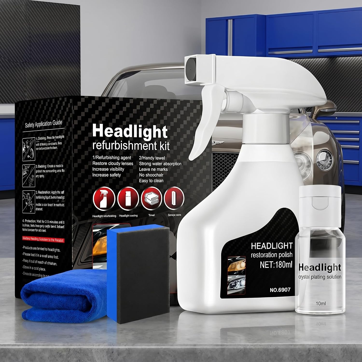 Headlight Restoration Kit for Cars, Headlight Repair Kit 180mL + 10mL, Headlight Cleaner and Restorer for Cloudy, Yellowed and Oxidized Lenses, Car Headlight Lens Cleaner 1 Pack