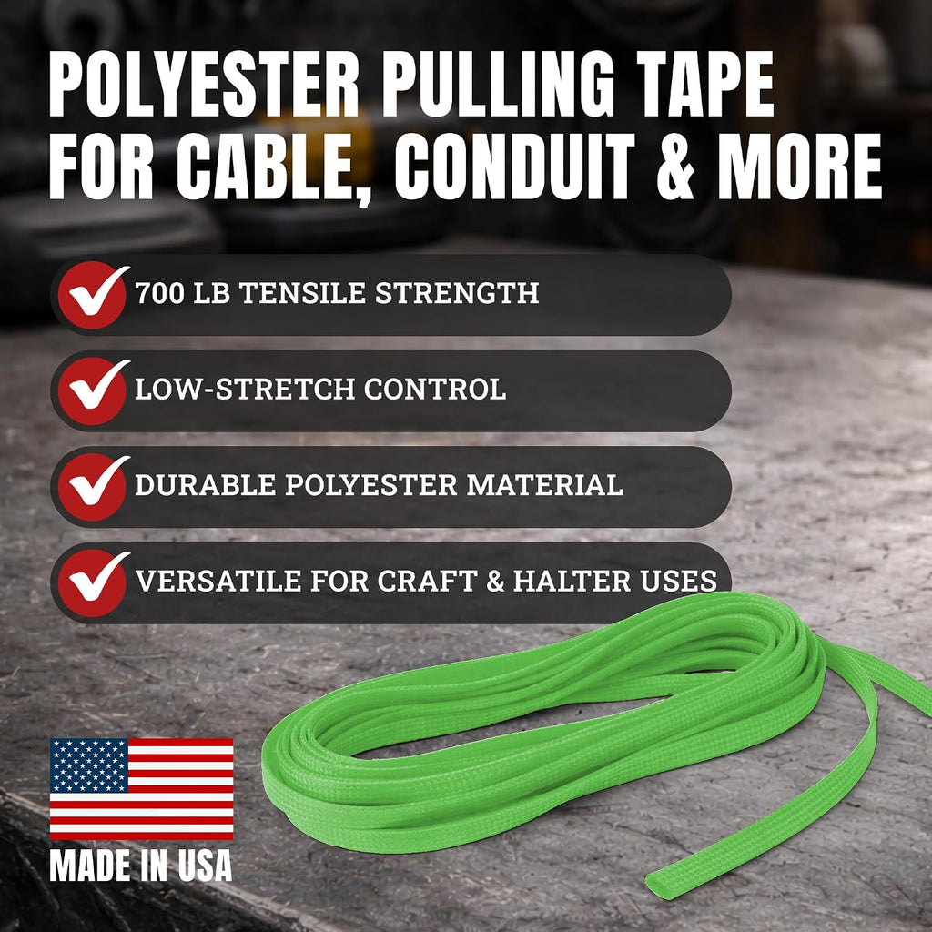 Cajun Tie Downs Pull Line — 1/4 Inch, 700 lb, Flat Polyester Pulling Tape, Conduit Wire Pulling, Made in USA, Neon Green, 175 ft