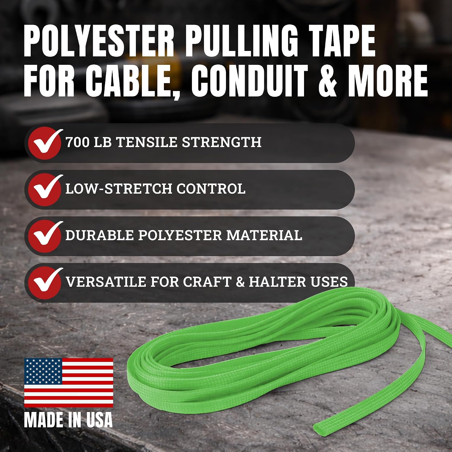 Cajun Tie Downs Pull Line — 1/4 Inch, 700 lb, Flat Polyester Pulling Tape, Conduit Wire Pulling, Made in USA, Neon Green, 175 ft