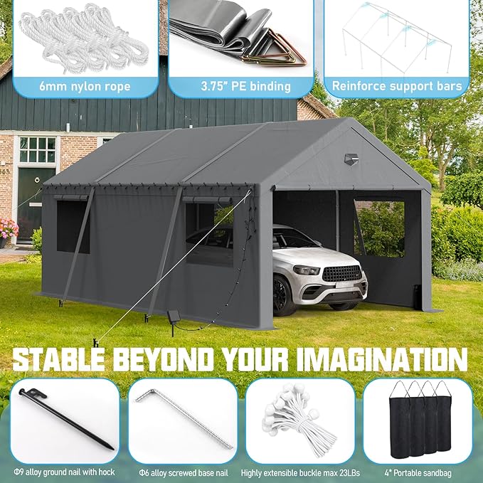 12x20 Carport Canopy, Heavy Duty Car Port, Portable Car Ports Garage - Image 3