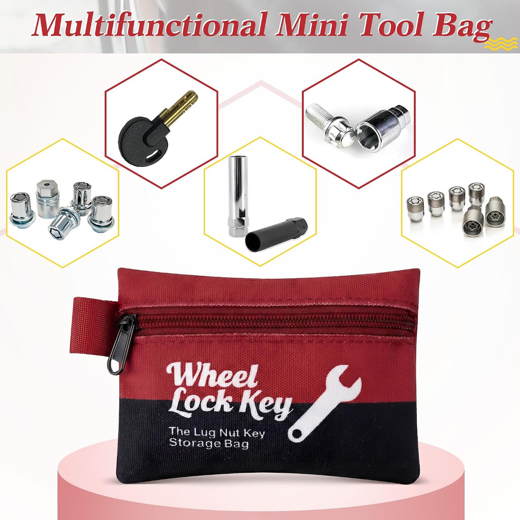 Saillong 2Pack Wheel Lock Key Storage Pouch, Canvas Wheel Lock Key Storage Bag with Zipper, Easily and Safely Stores Locks, Locking Nuts, Nut Keys Spare Lug Nuts, and More(Red)