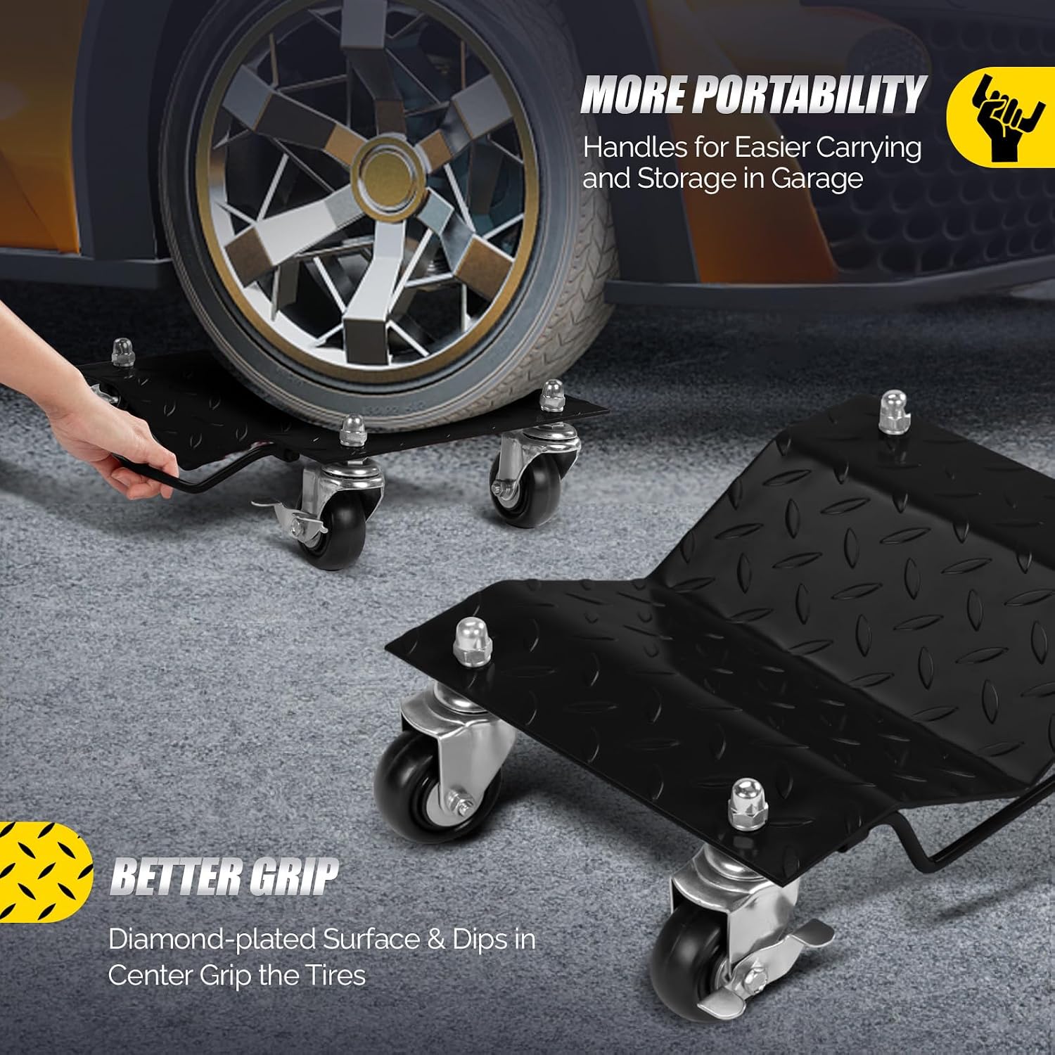 TUFFIOM Car Dolly Set of 4, 6000LBS Capacity Wheel Dollies, Heavy Duty Vehicle Dolly Upgraded, Steel Tire Skates with Brakes, Black