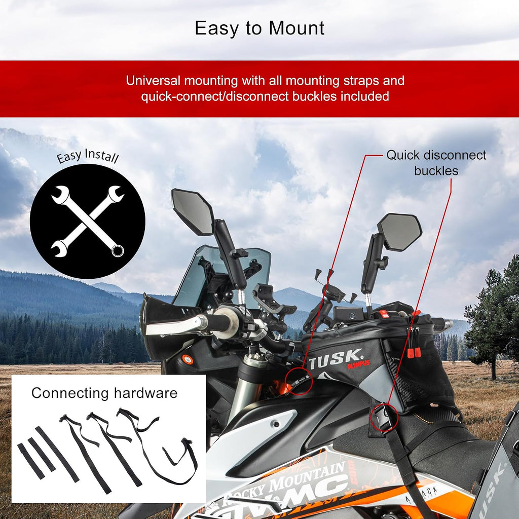 Tusk Olympus Large Tank Bag Black/Tan Durable Off-Road Motorcycle Storage Bag with Multiple Compartments and Secure Mounting