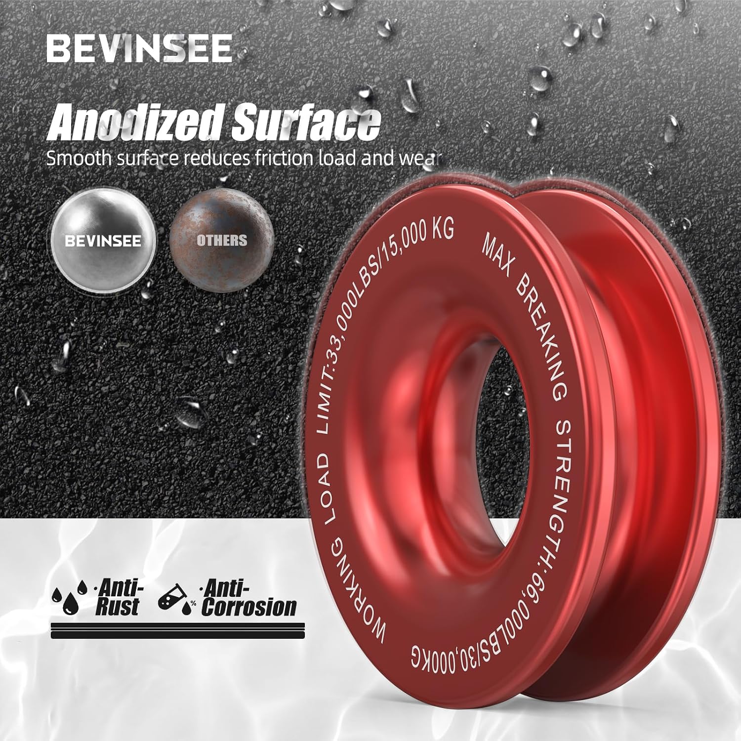 Bevinsee Winch Snatch Recovery Ring 66000lbs for Soft Shackle and Winch Rope Off-Road Compatible with ATV Trailer SUV UTV SXS 4x4 Truck Off-Road Vehicle Recovery, Red