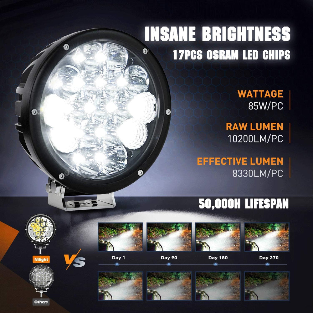 Nilight Pro Series 2PCS 7 Inch Round LED Driving Offroad Light 85W 10200LM