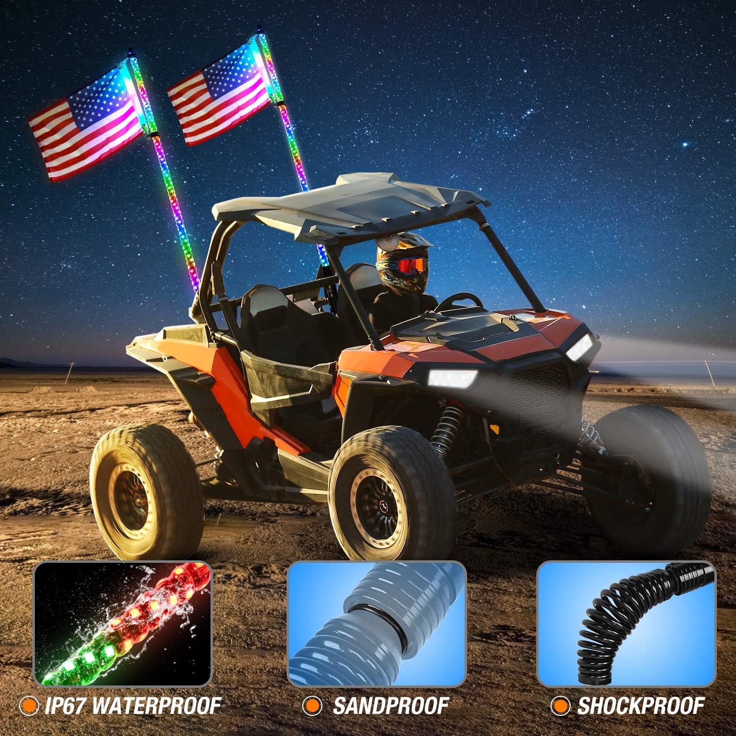 Nilight 2PCS 3FT Spiral RGB Led Whip Light with Spring Base Chasing Light RF Remote Control Lighted Antenna Whips for Can-Am ATV UTV RZR Polaris Dune Buggy Offroad Truck