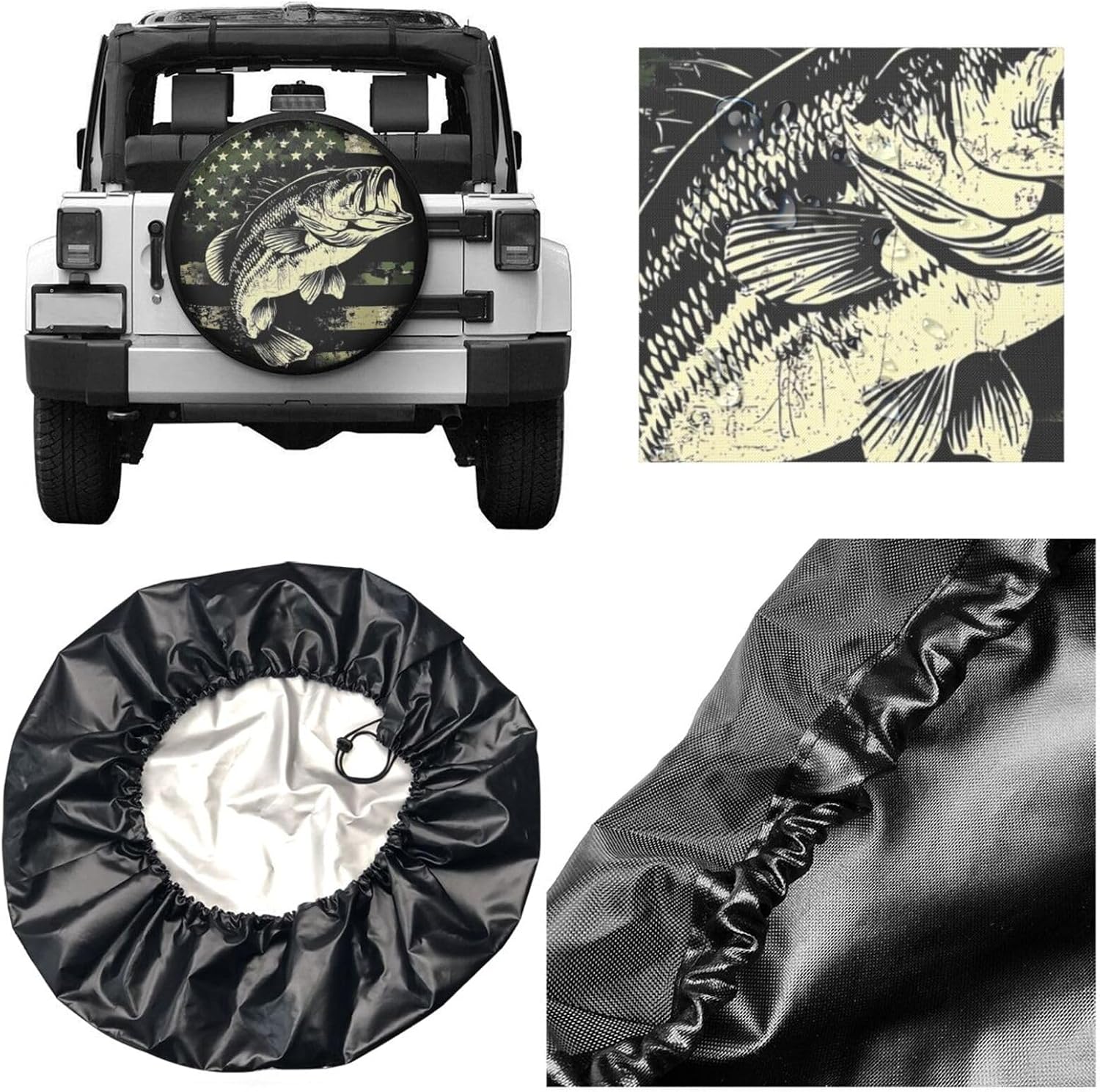 Camouflage American Flag Bass Fish Spare Tire Cover Universal for Rv Suvs Trucks Camper Travel Trailers, Cute Animal Waterproof Wheel Protector Covers,14 inch