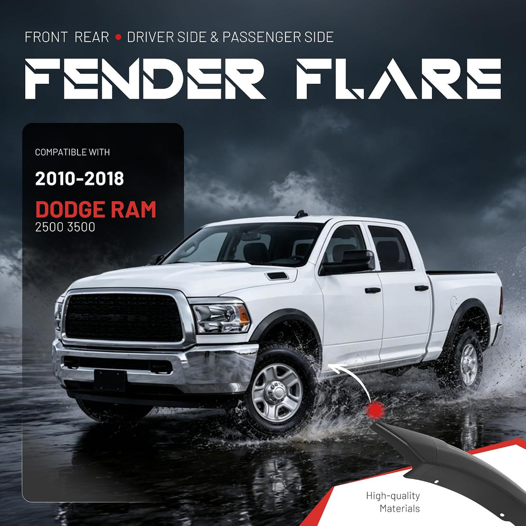 ALMULOO 4Pcs Fender Flares Compatible with 2010-2018 Dodge Ram 2500 3500 Wheel Arch Covers Plastic(PP) Textured Black