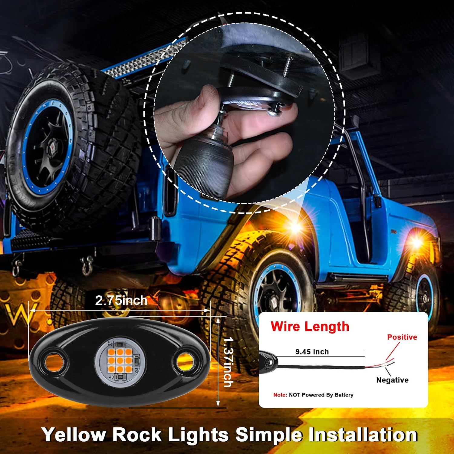 Yellow LED Rock Lights, 2 Pods Yellow Underglow Rock Lights Waterproof IP68 Compatible with Truck Pickups Jeep Cars ATV UTV SUV Motorcycle Boat