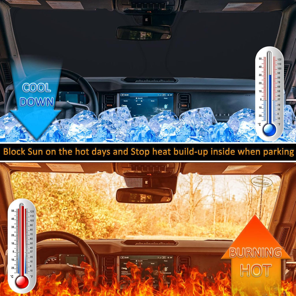 TOPINSTALL Foldable Windshield Sunshade Compatible with Ford Bronco 2/4-Door 2021-2026, Front Window Sun Protector with Storage Pouch Thicker Reflective Polyeste (Not for Sport Model)
