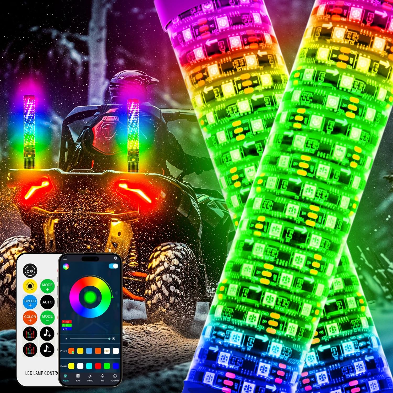 DREAMOTOR Whip Lights, 2Pcs 1FT Fat Whip Lights for Side by Side with Wireless Remote and APP Control, LED Spiral RGB Chasing Lighted Antenna Whips for UTV ATV Truck Polaris Dune Buggy RZR Can-Am