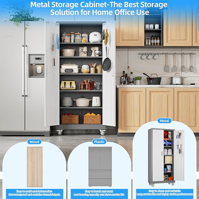 Metal Garage Cabinet with Wheels and Pegboard 71'' x 32'' x 16'', Lockable - Image 5
