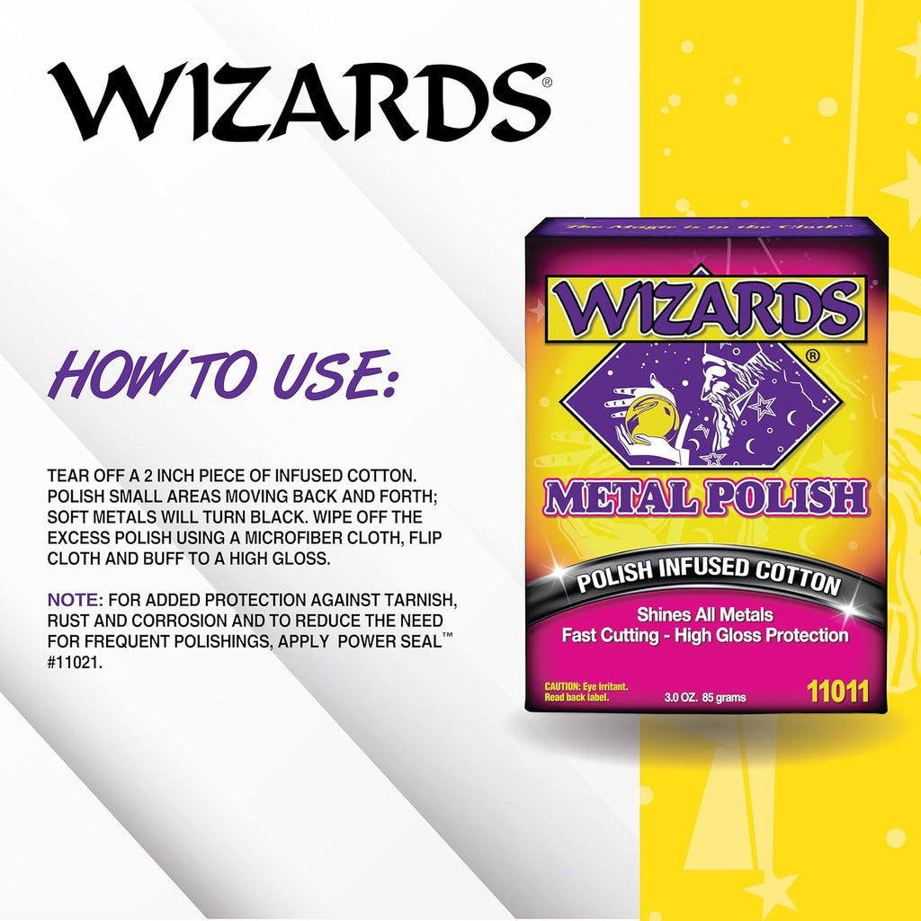 Wizards Metal Polish 3 oz - Polish-Infused Cotton Brightener for Chrome Cleaner and Polished Aluminum, Brass, Nickel, Stainless Steel, Coated Wheels, and Motorcycle Restoration, Trusted Since 1986
