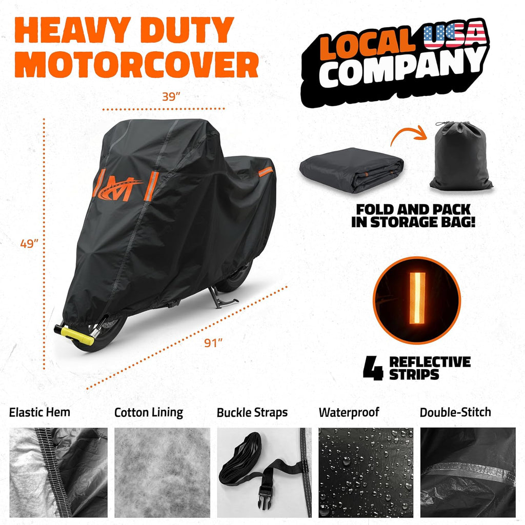 Mockins 91"x49"x39" Large Motorcycle Cover Heavy Duty Dual-Layer Fit | Motorcycle Cover Waterproof Outdoor 250G PVC + Soft HD Cotton For Midsize Cruisers, Sport-Touring & Retro Models Up to 91"