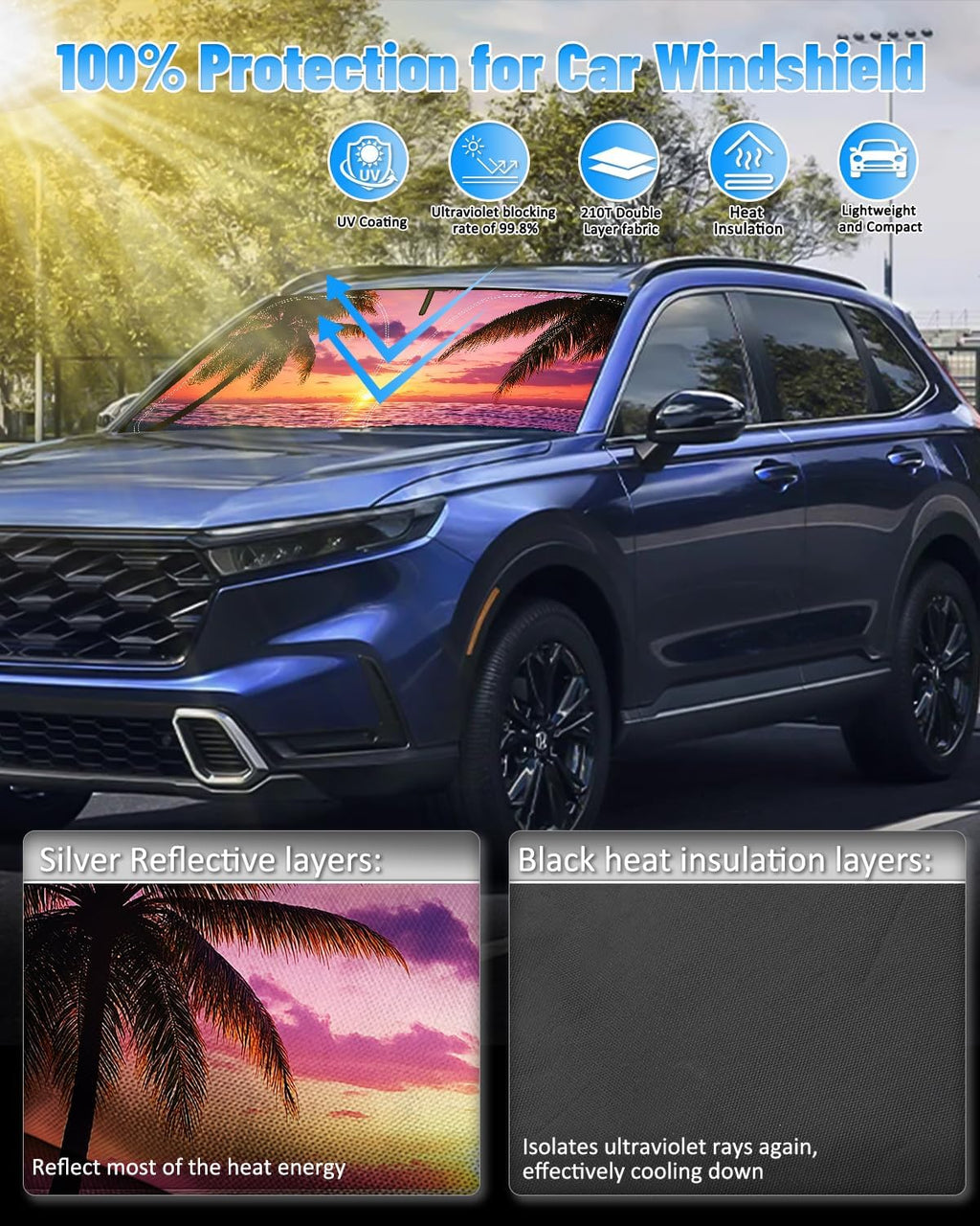Sunset Beach Car Windshield Sun Shade Compatible with Honda CRV 2017-2022, Foldable Reflective Window Sunshade for UV Protection & Heat Reduction