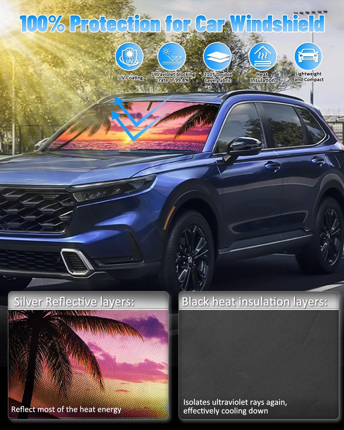 Sunset Beach Car Windshield Sun Shade Compatible with Honda CRV 2017-2022, Foldable Reflective Window Sunshade for UV Protection & Heat Reduction