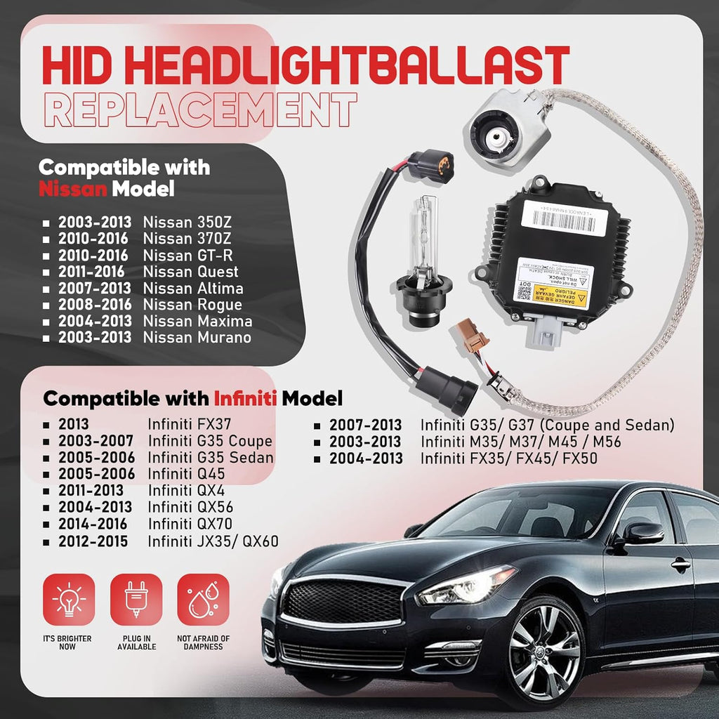 28474-8991 Xenon HID Headlight Ballast Control Unit with Igniter & D2S Bulb - HID Headlight Kit Compatible with Nissan Altima 350Z Maxima Murano Rogue Infiniti G35 G37 FX35, Replaces NZMNS111LAN