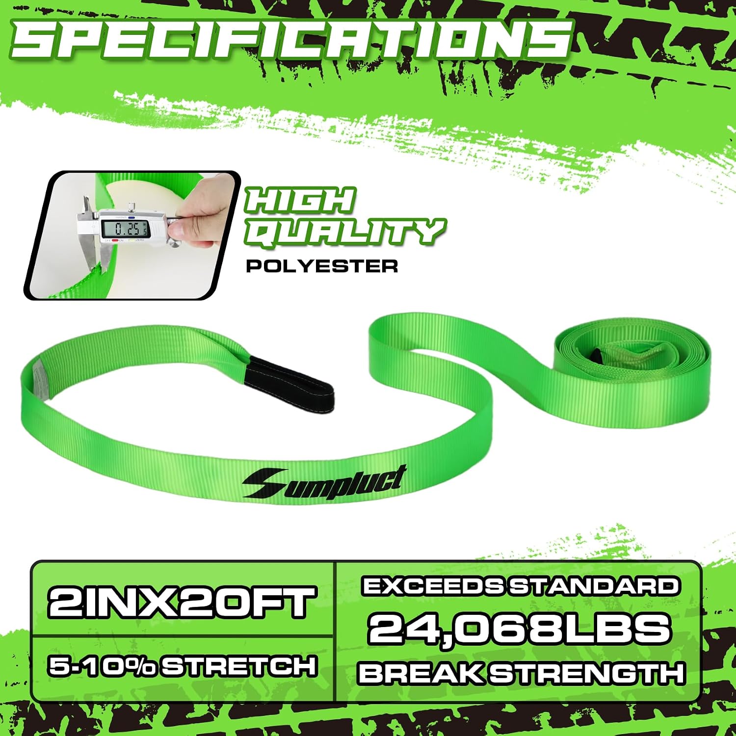 Recovery Tow Strap 2in X 20ft Heavy Duty 24,000 lbs Break Strength, Use for Emergency Towing Rope, Tree Saver, Winch Extension, Triple Reinforced Loops, Protective Sleeves,Car Accessories Green
