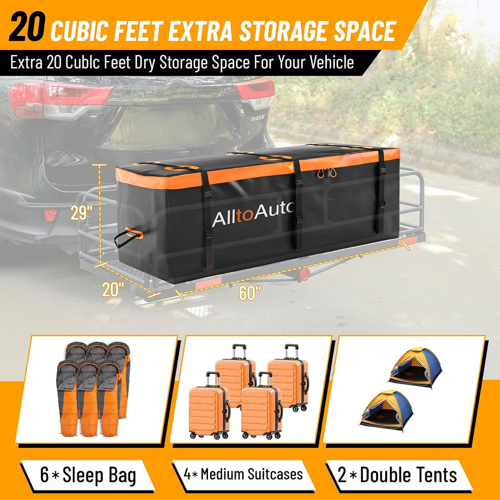 20 CuFt Waterproof Cargo Bag for Hitch Carrier | 60"x20"x29" Trailer Hitch Cargo Carrier | Weatherproof Truck Bed Storage with Straps, Lock & Carry Case | PVC Vehicle Soft-Shell Carriers