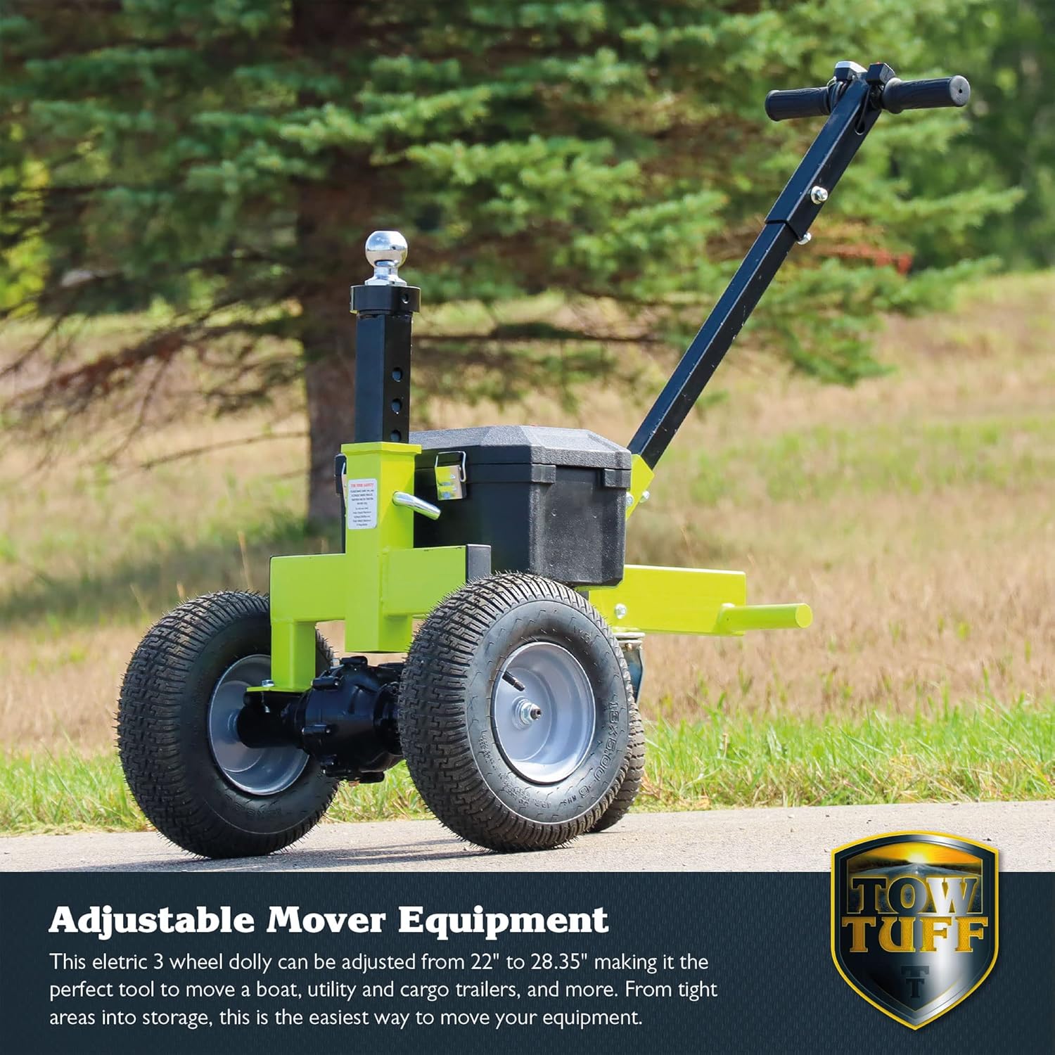 Tow Tuff Electric Trailer Dolly w/ 13" Tires & 8" Swivel Caster Wheel, 3500 lb Capacity, Green - 22" to 28.35" Adjustable Ball Height, 1.5 Mph Speed, Fits 2" Ball Mount, Utility, Boat or Cargo Use