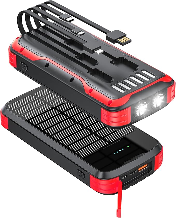 Solar Charger Power Bank, 40000mAh Portable Phone Charger Built in 4 Cables by MinrisePortableCharger
