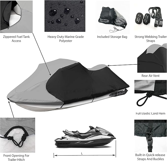 Trailerable Jet Ski Cover, Waterproof Marine Grade 600D Heavy Duty Polyester - Image 2