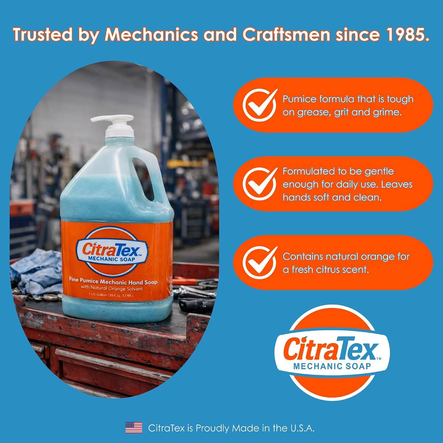 Heavy Duty Mechanic Hand Soap with Fine Pumice - Industrial Strength Hand Cleaner for Grease, Oil & Grime - Citrus Scented Soap for Automotive, Garage & Shop Use - Made in USA - 1 Gallon