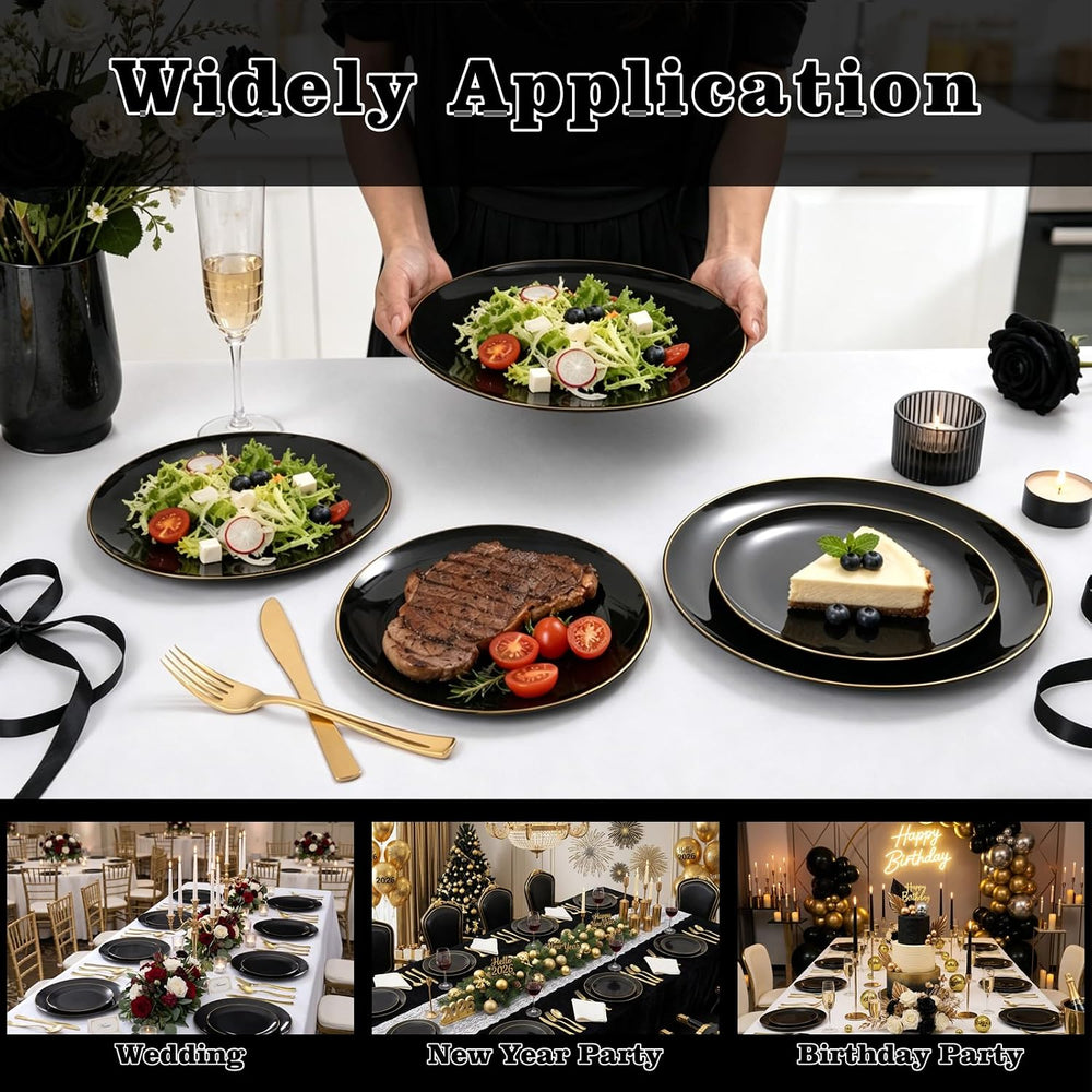 YOUBET 125PCS Black Plastic Plates with Gold Rim for Halloween