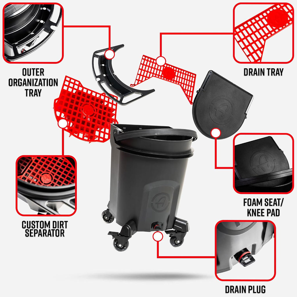Adam's Double Complete Premium Detailing Bucket - Car Wash Bucket with Grit Guard, Seat Pad, Organization Rack, Drain Plug, 2 Locking Wheels | Innovative Detail 5 Gallon Bucket Kit System