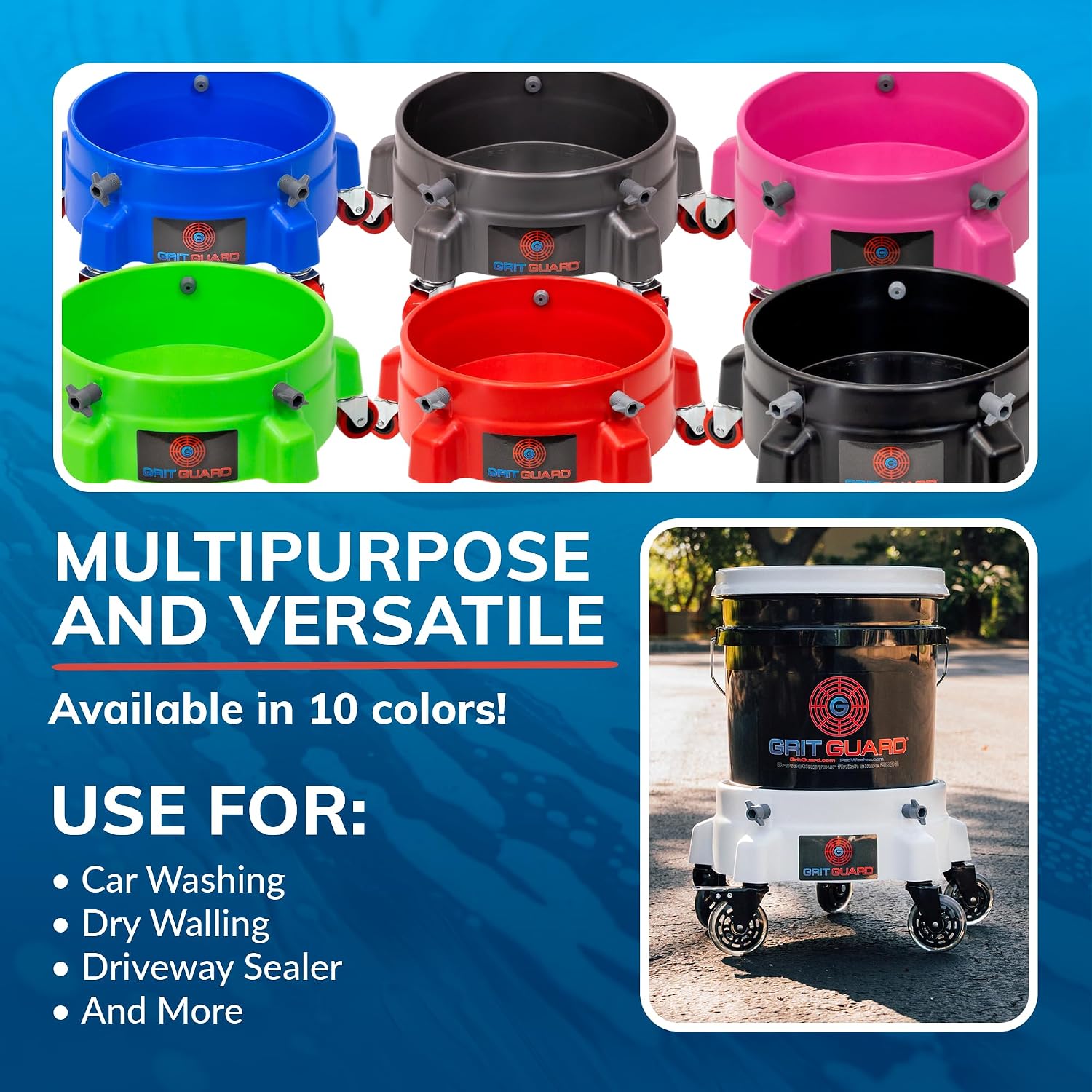 Grit Guard Bucket Dolly with Wheels - Rolling Detailing Wash Bucket with 5 Wheels and 2 Locking Casters Compatible with 2.5, 4, 5 and 6 Gallon Buckets (Red, 3" Roller Bearing) - Made in the USA