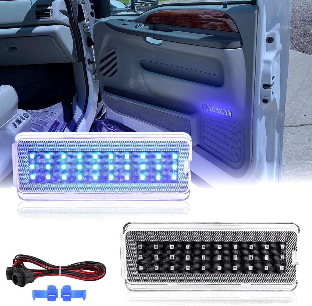 LED Interior Door Panel Courtesy Lights for 2000-2005 Ford Excursion 1999-2007 Ford F250 F350 F450 F550 Super Duty Bule Car Door Welcome Reflector Lamp With Extension Harness Clear Lens 2PCS