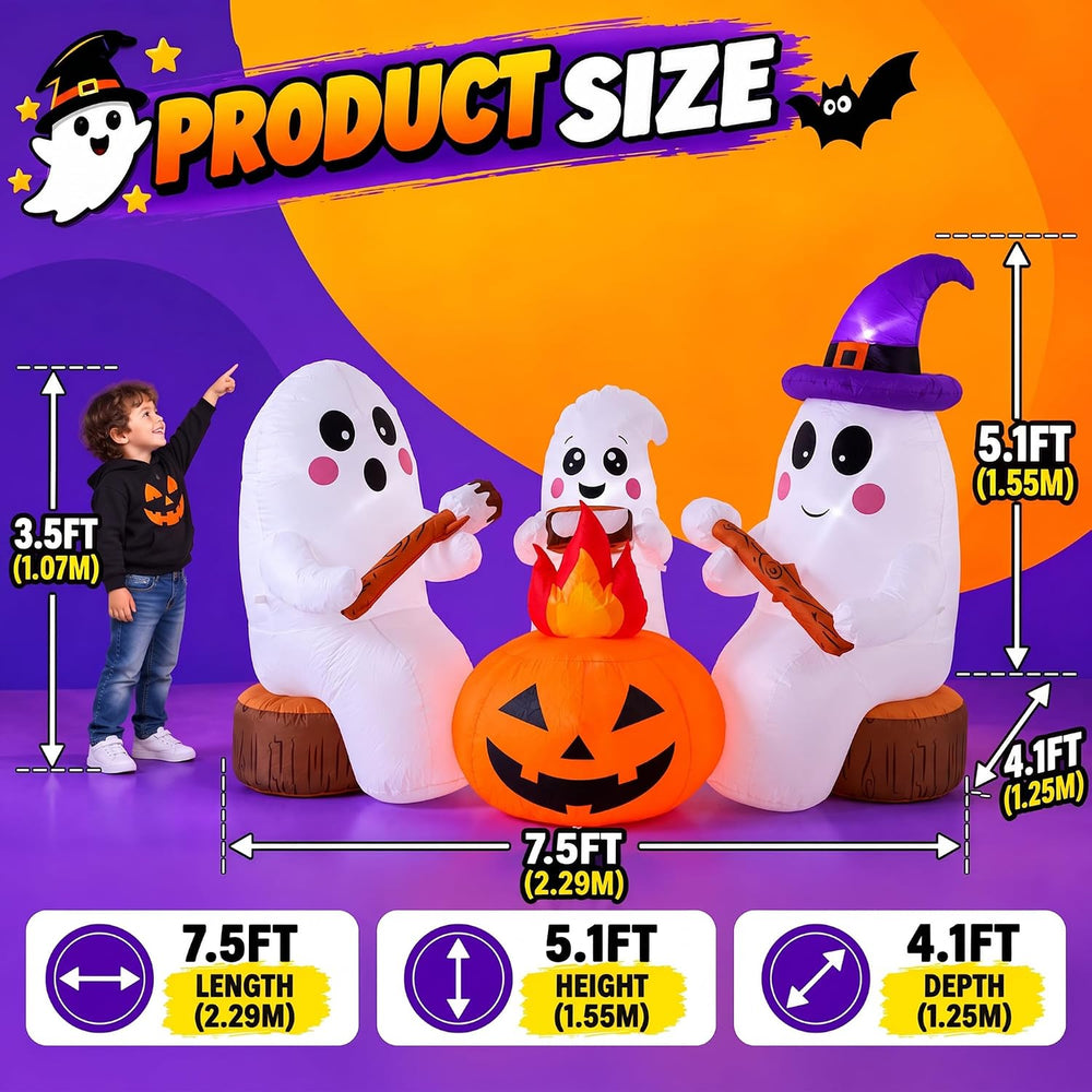 ZPISF 7.5 FT Halloween Inflatables 3 Cute Ghosts Roasting Marshmallows by Cam...