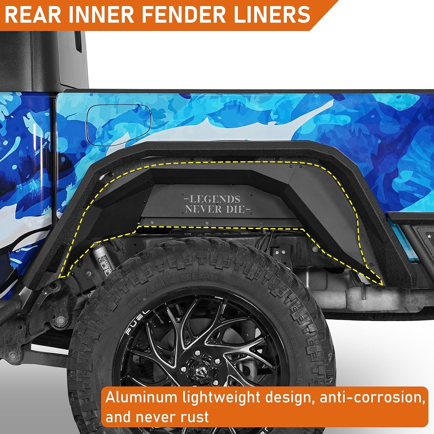 Hooke Road Gladiator JT Aluminum Rear Inner Fender Liners for 2020-2026 Jeep Gladiator JT 2/4 Doors, Legend Mud Guards Wheel Well Fenders - 2PCS
