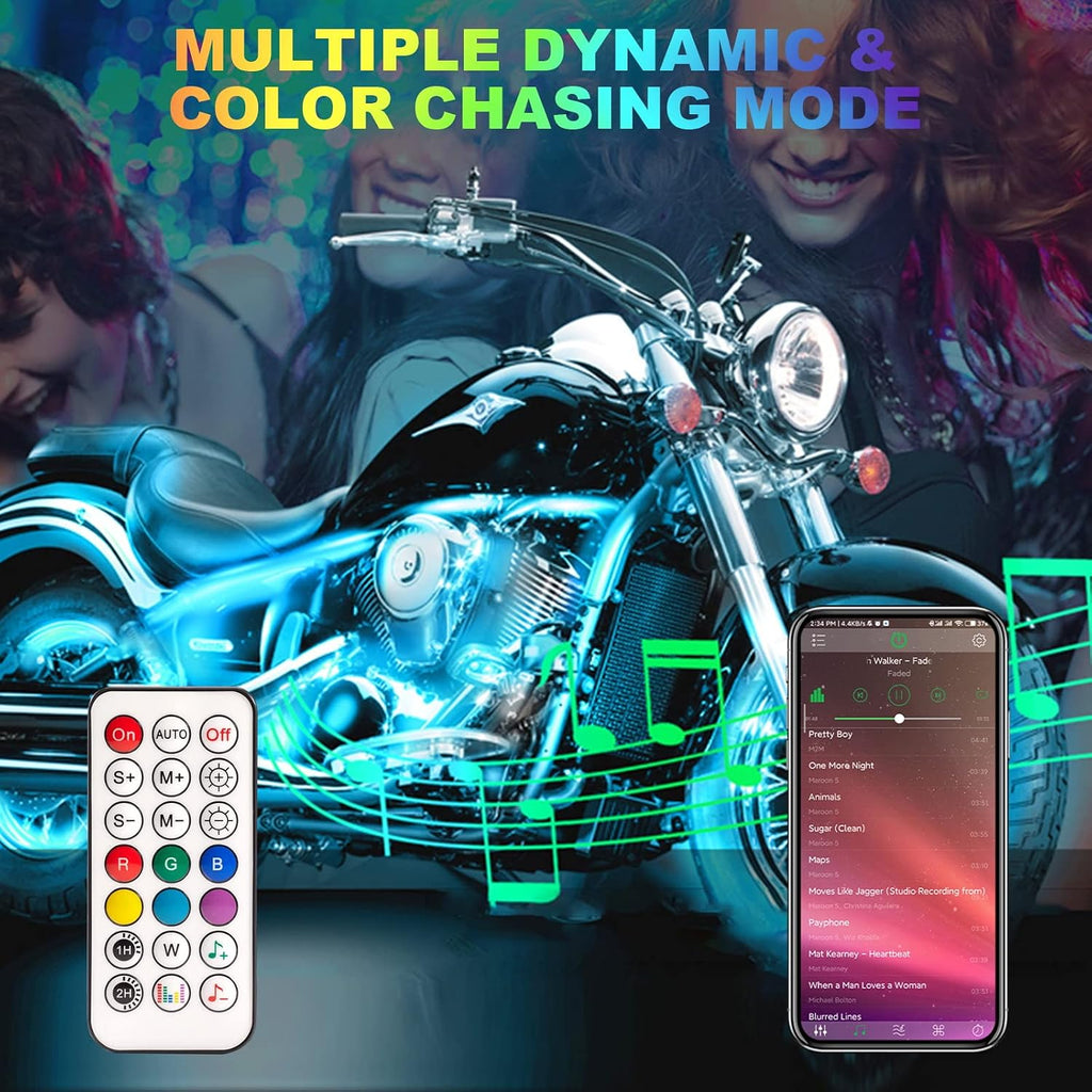 16 Pcs RGB Chasing Motorcycle LED Lights Kit for Harley Davidson Kawasaki Suzuki, Waterproof Magic Multicolor Motorcycle Underglow Kit Strip Lights with APP Control Music Sync Brake Turn Signal