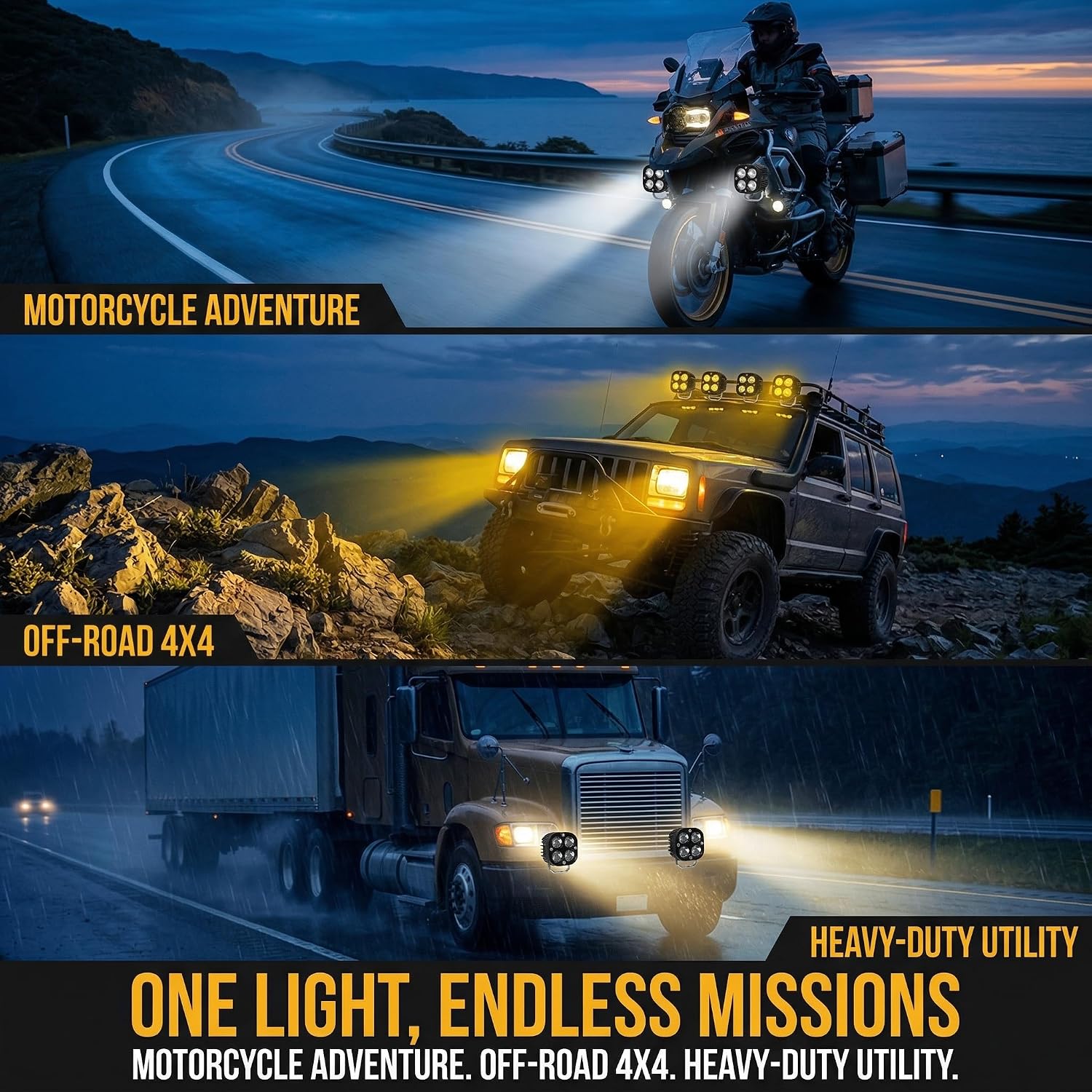 LED Motorcycle Lights,3 Inch 28W Super Bright 4 LED Pods Spotlights with Yellow+White Dual Light Colors, 12-80V Waterproof Driving Fog Lights for Motorcycle, ATV, UTV, Off-Road Vehicles 2 Pack